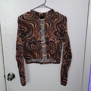 Cropped brown white tan black shirt front is the open part